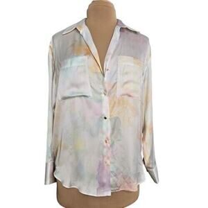 Zara Button-Up Shirt Top Womens Small White Classic Long Sleeve Collared Tie Dye